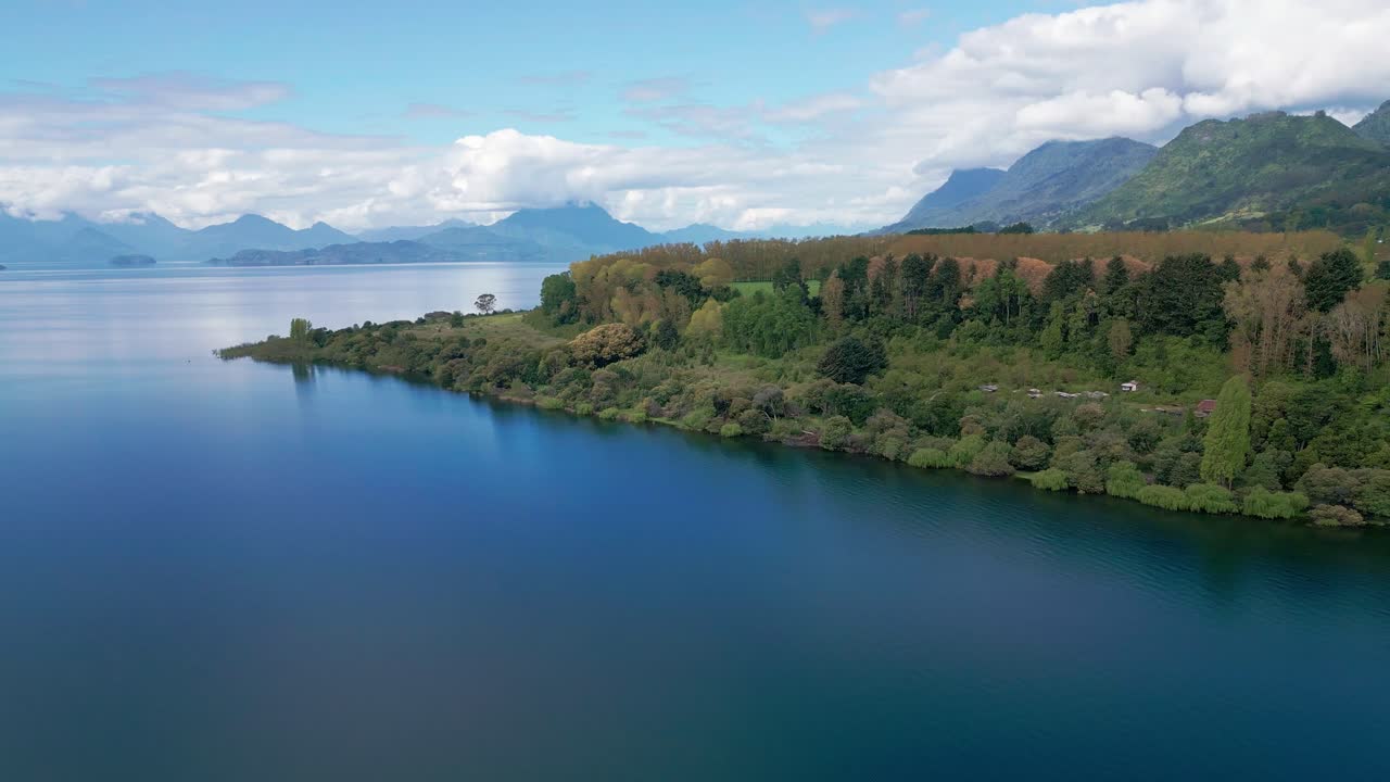 Ripresa orbitale su una penisola boscosa con un lago calmo e vette andine distanti. Lago Ranco, Cile.