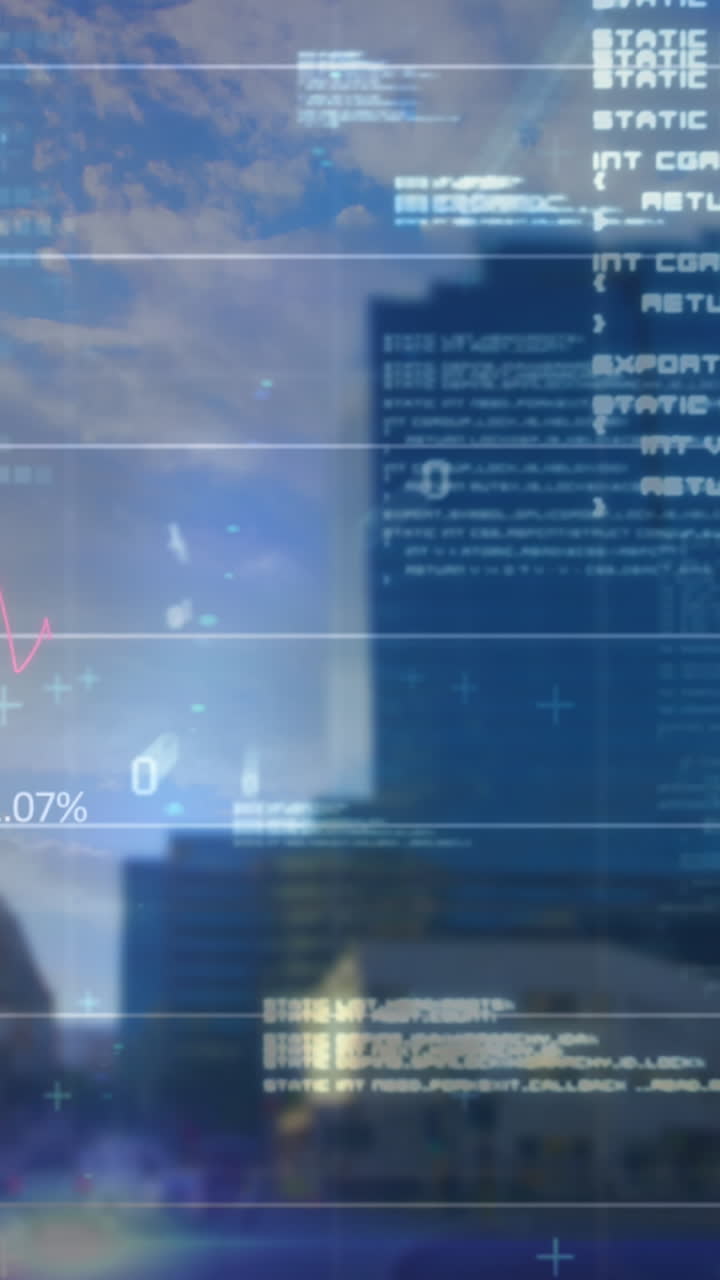 animazione di grafici finanziari e dati sul paesaggio urbano
