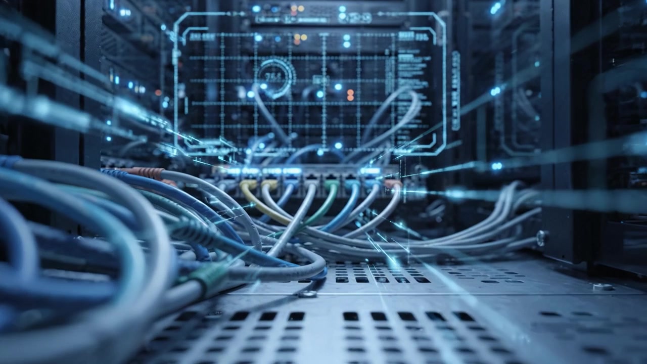 Intricate Data Center Setup Showcasing High-Tech Network Cables and Monitors in a Modern Server Environment Lights Up with Digital Displays and Connectivity Interfaces.