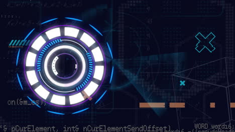 animation of neon round scanner, data processing and geometric shapes on black background