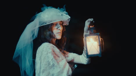 mysterious ghost bride holding a lantern in the dark