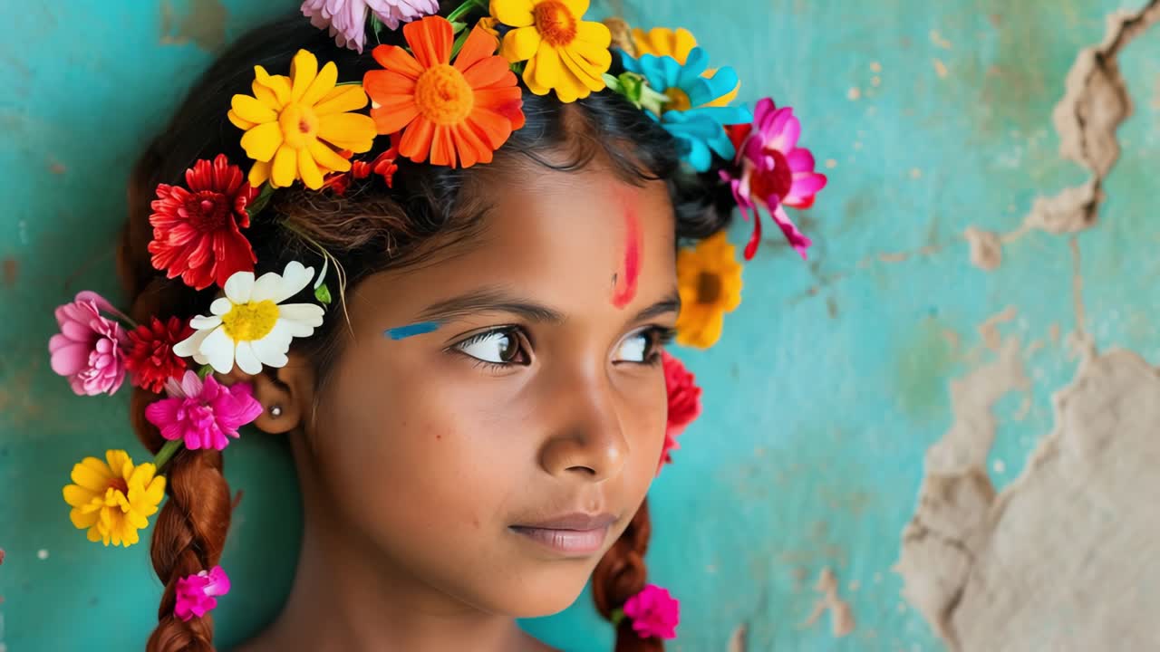 Young woman wearing vibrant flower crown and ethnic makeup standing near turquoise wall, facing camera, momentarily glancing sideways with graceful head movement