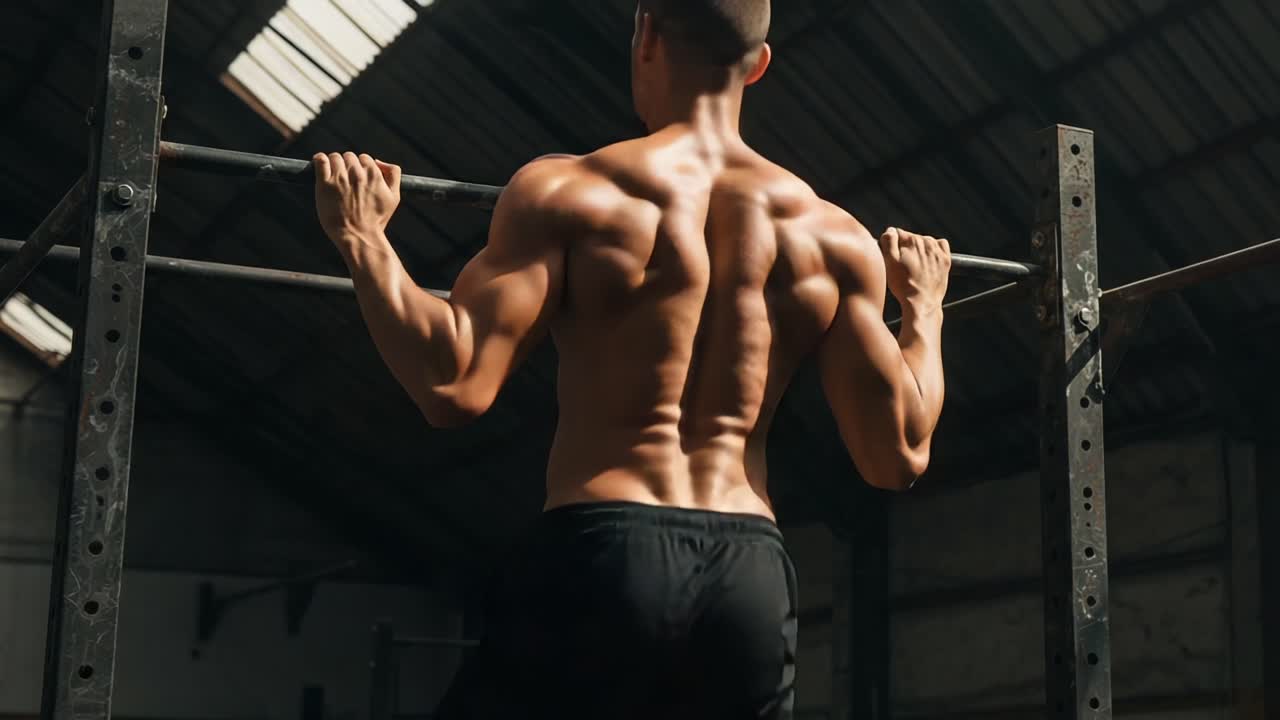 Intense Strength Training: A Dedicated Fitness Enthusiast Engages in Pull-Ups to Build Muscle and Enhance Physical Endurance in a Rustic Gym Environment