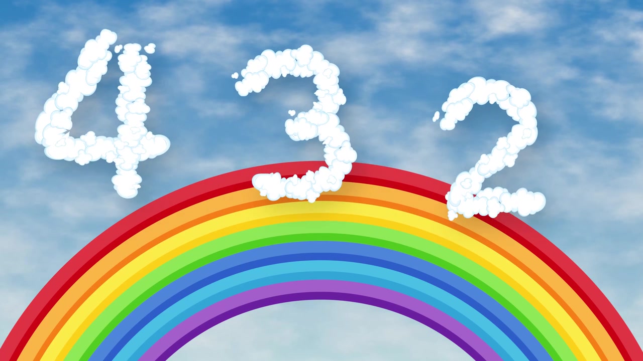 Numeri di nuvole bianche e soffici fluttuano su un arcobaleno colorato sotto un cielo azzurro brillante