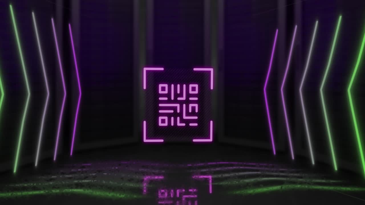 escáner de código qr con elementos de neón contra un fondo negro