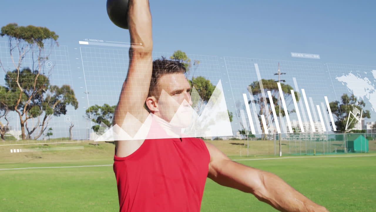 Lifting kettlebell, man in red shirt with animation overlay outside