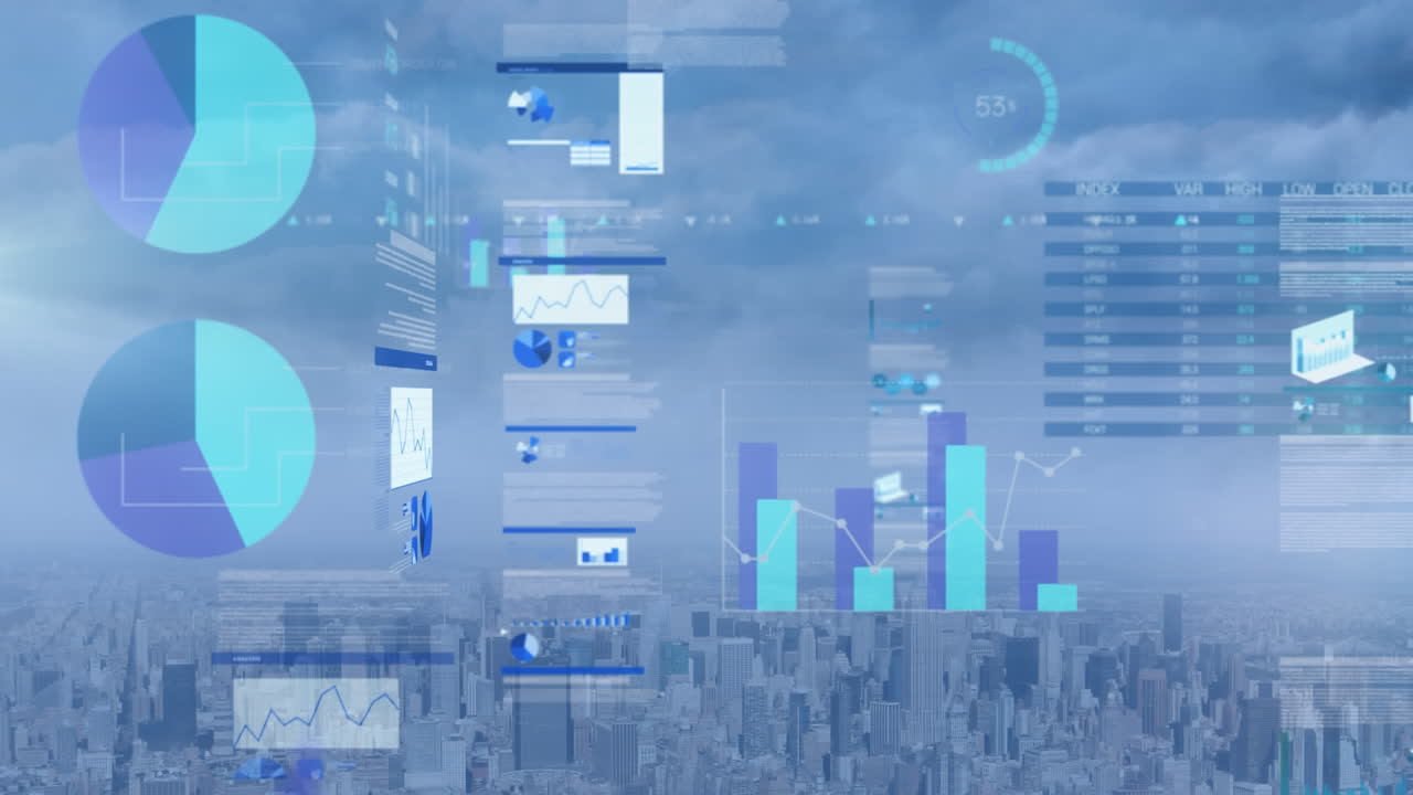 Animation of statistical data processing against aerial view of cityscape
