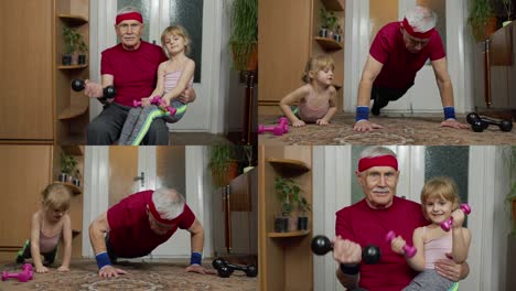 Active-grandfather-senior-man-with-child-girl-doing-fitness-weight-lifting-exercises-with-dumbbells