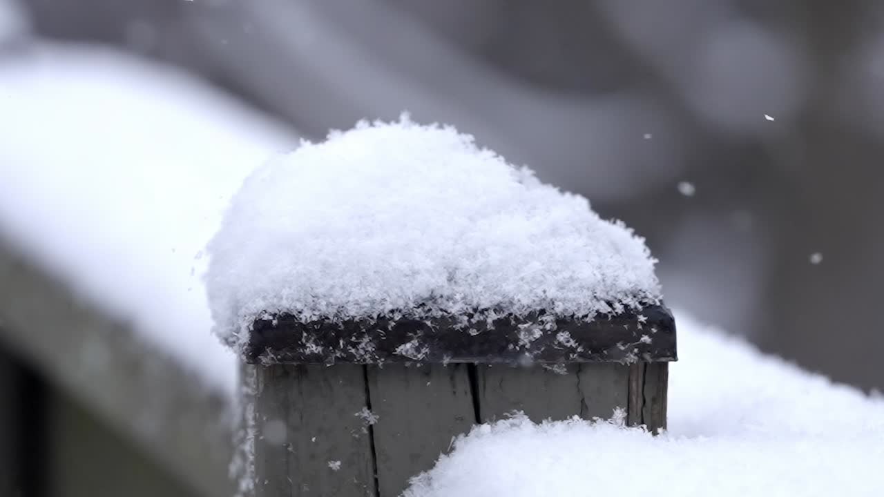 Falling snowflakes in slow motion on a wooden fence, winter weather outside, close up of snowfall, static shot, copy space