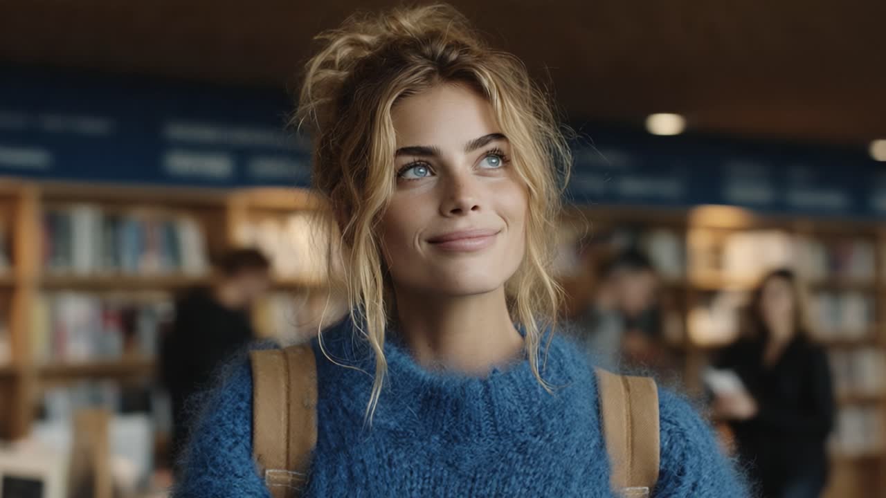 Una giovane donna allegra con affascinanti occhi azzurri sorride calorosamente mentre indossa un accogliente maglione blu, circondata da figure sfocate in una vivace biblioteca