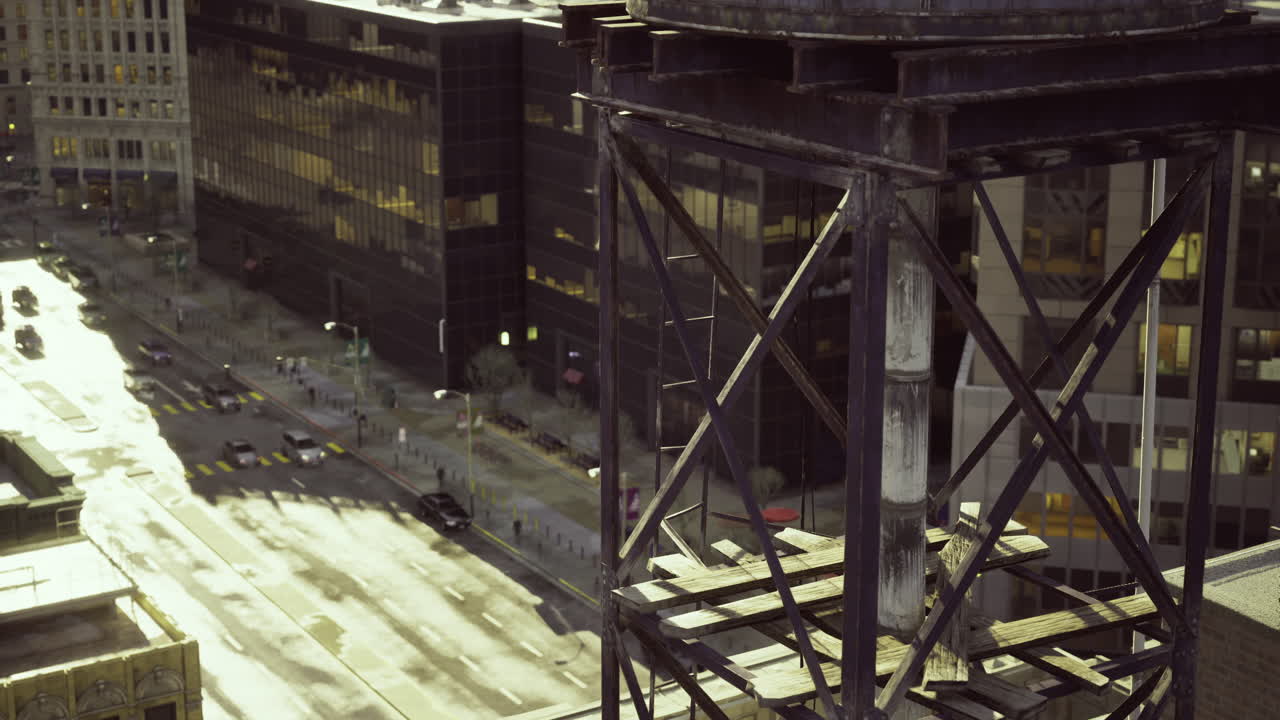 Urban landscape showing industrial structure and city street at sunset