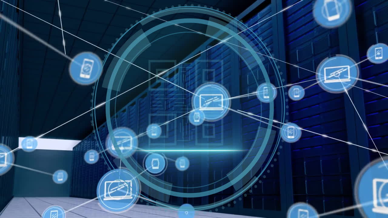 Animation of media icons and scope scanning with qr code over server room