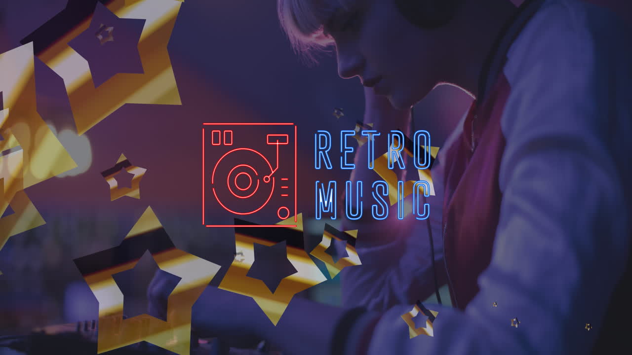 헤드폰을 끼고 있는 백인 여성 디제이를 통해 레트로 음악 텍스트의 애니메이션