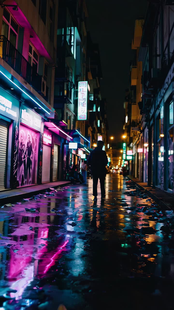 Neon-Lit Night Walk in a Wet City Street