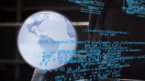 animación del procesamiento de datos sobre una mujer de negocios caucásica que usa un teléfono inteligente