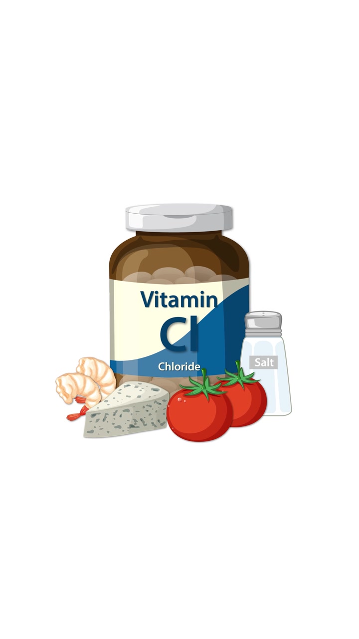 L'etichetta di una bottiglia di cloruro vitaminico si anima mentre ingredienti come sale, formaggio, pomodoro e gamberetti appaiono intorno ad essa