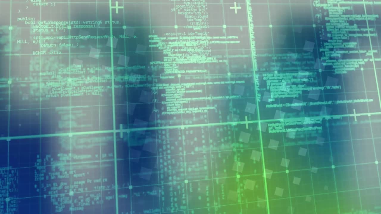 animação do processamento de dados digitais sobre ecrãs e fundo de grade