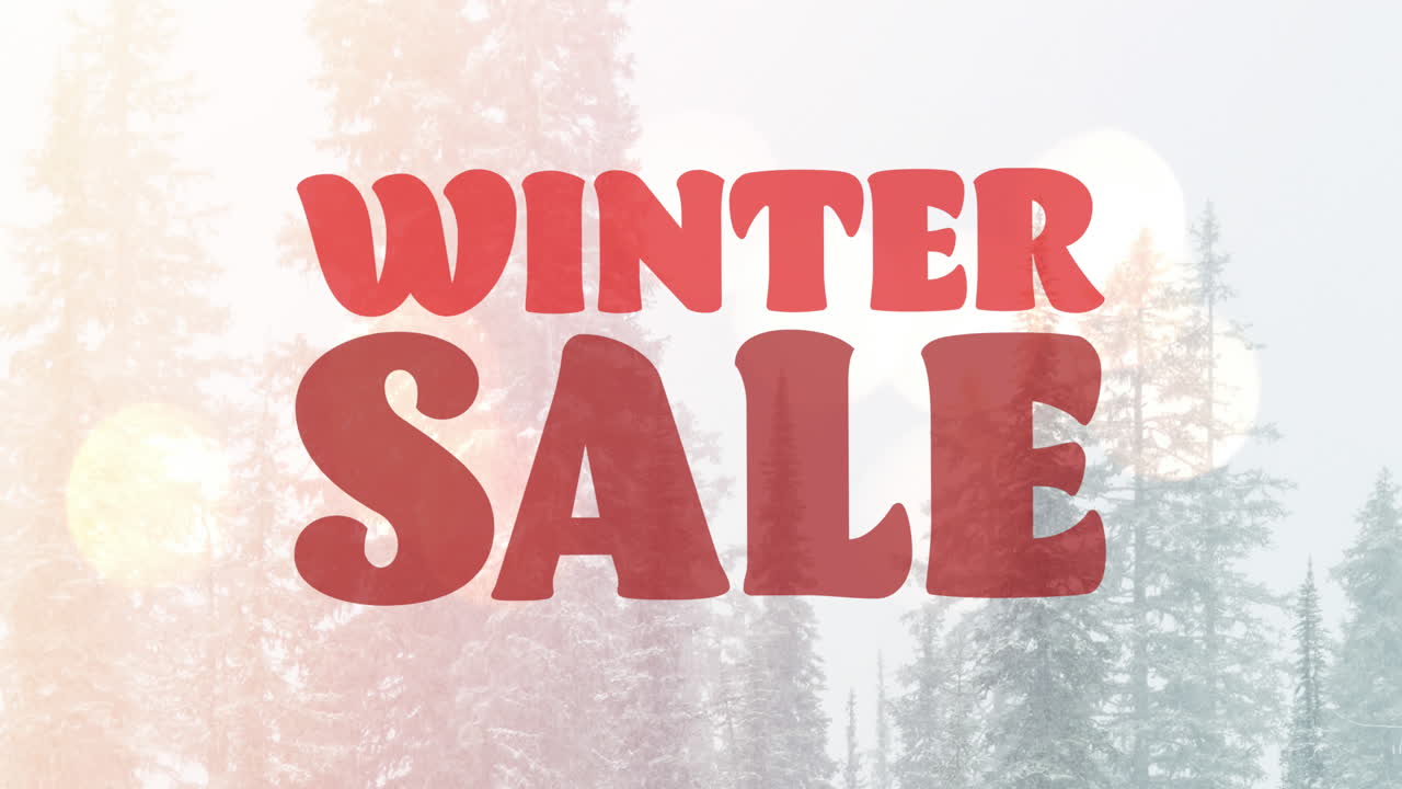 animación del texto de venta de invierno en rojo sobre el fondo del paisaje de invierno