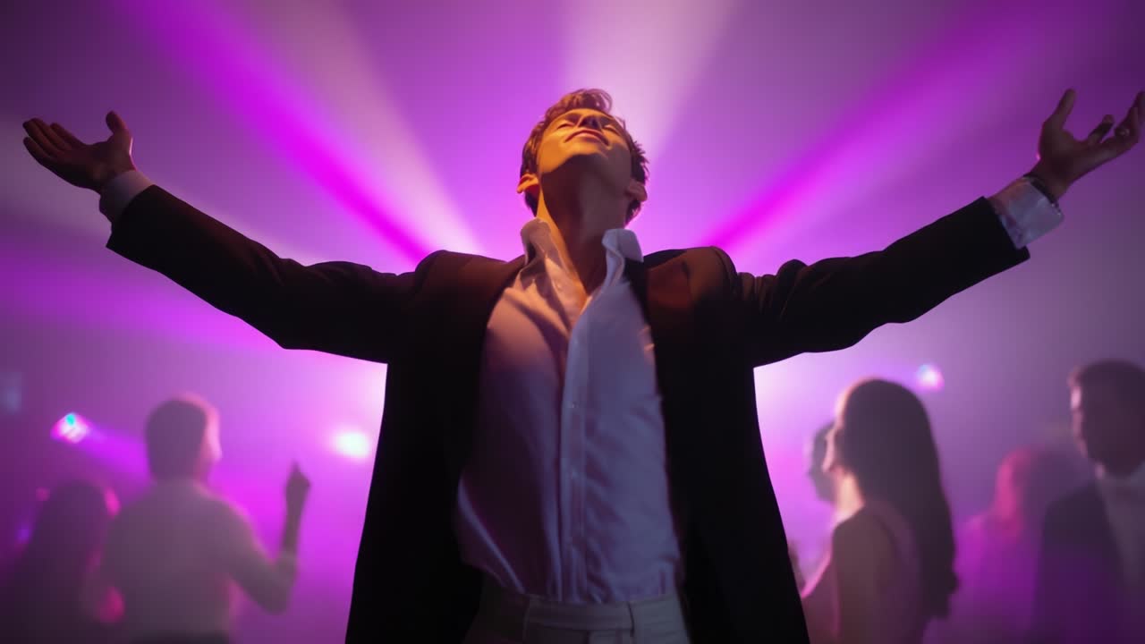 A Celebration of Freedom and Euphoria: A Young Man Stands with Outstretched Arms Under Vibrant Lights Emitting a Colorful Glow in a Bustling Dance Floor Atmosphere Amidst an Exciting Party Scene