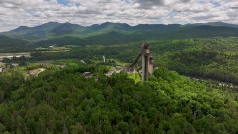 Aerial-approaching-view-of-the-ski-jumps-in-Lake-Placid,-New-York