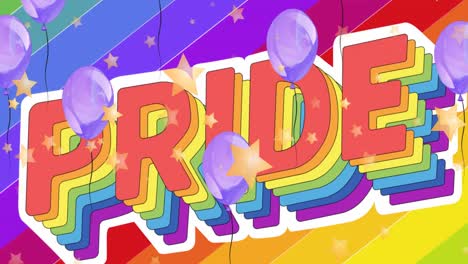 animation of pride text over balloons and rainbow background