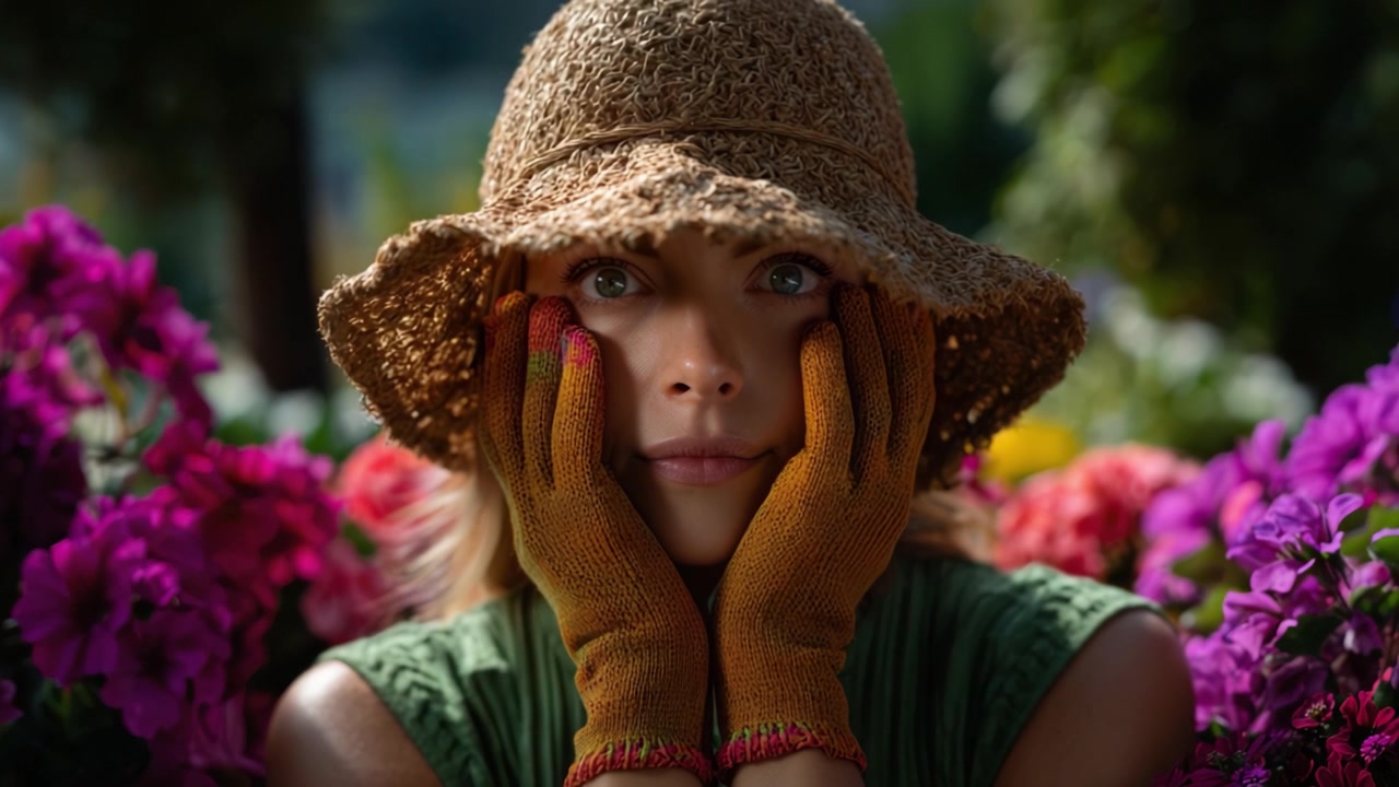 Un momento contemplativo tra fiori vivaci, che mostra una giovane donna con un cappello di paglia e guanti, immersa in un tranquillo e colorato ambiente da giardino.