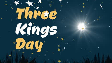 animation of three kings day text over stars falling and sky