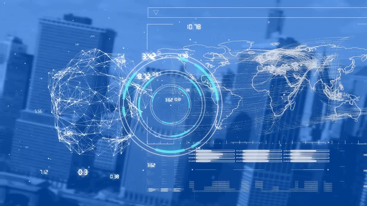 도심 풍경에 대한 범위 스캔과 연결 네트워크와 함께 데이터 처리의 애니메이션