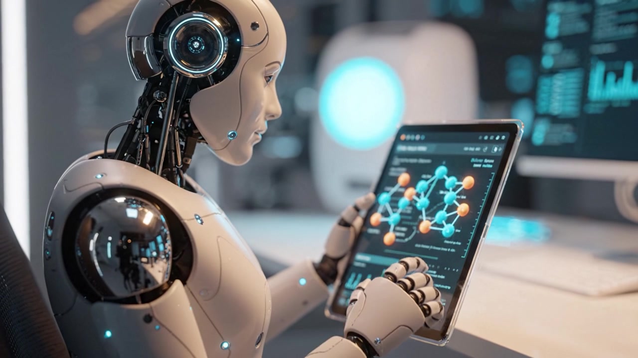 Robot futuristico che analizza metriche di dati su un display tablet in un ambiente ad alta tecnologia con grafica digitale ed elementi di interfaccia moderni