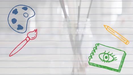 Animation-Farbenfroher-Kunstsymbole-über-Pinsel-Im-Glas-Und-Staffeleien-Im-Kunstunterricht
