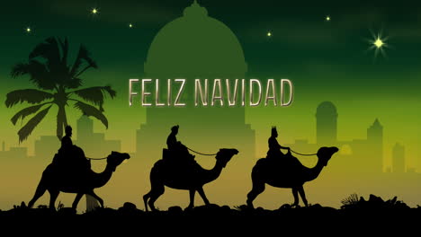 animation of feliz navidad text over three wise men on green background