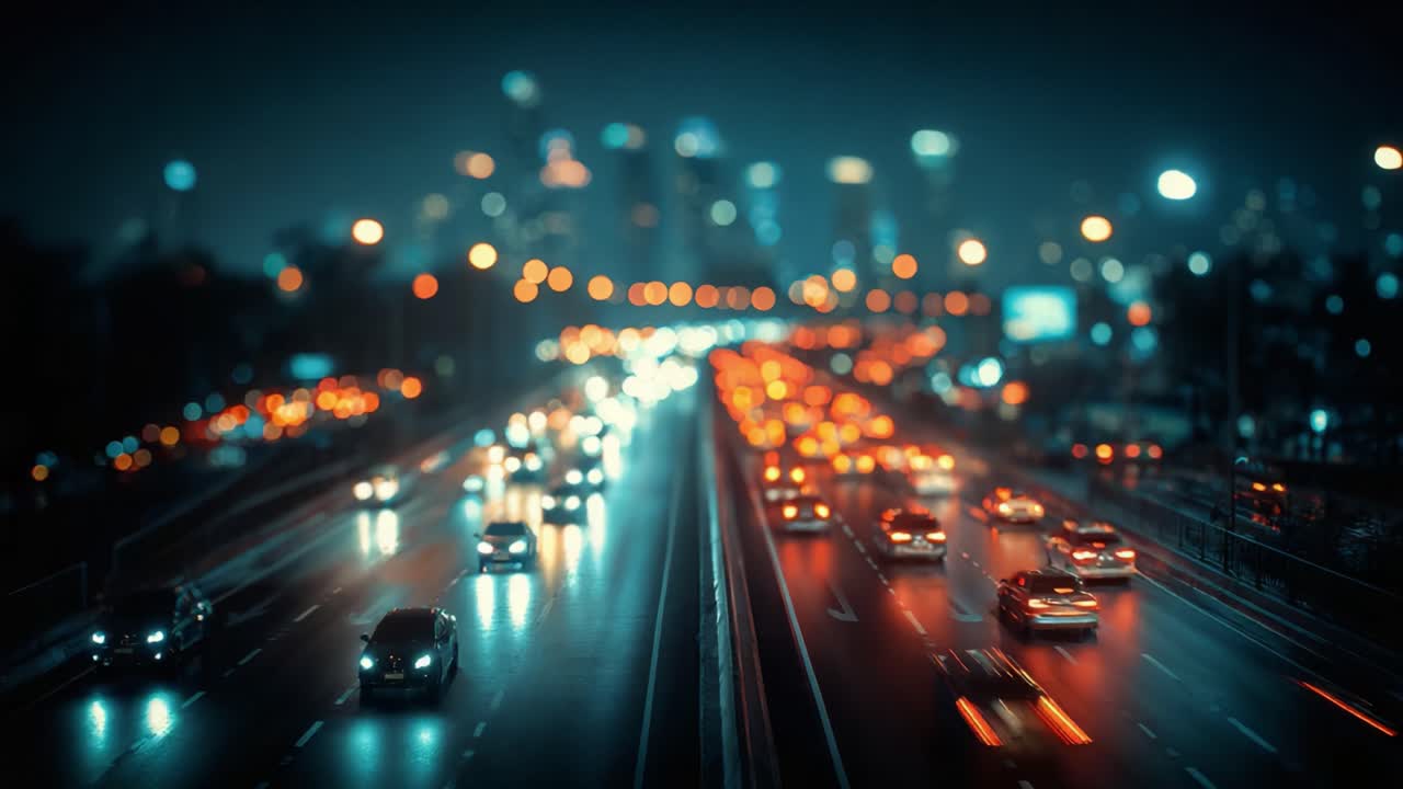 Dynamic Nighttime Traffic Scene Captured with Blurred Lights and Urban Background, Depicting the Energy of City Life Through Motion and Illumination