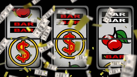 animación de confeti y billetes de dólar estadounidense cayendo sobre la máquina de frutas
