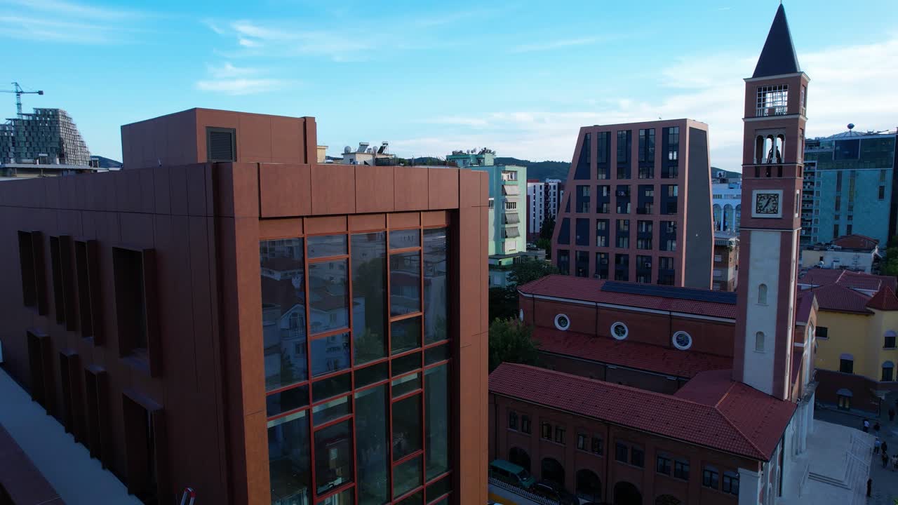 Tirana architecture at sunset showcasing buildings facades, residential modern and historic buildings, real estate development