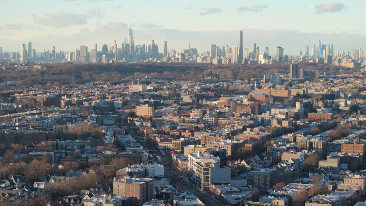 Aerial view of Flatbush, Brooklyn. Shot on a winter day with the Manhattan skyline in the background