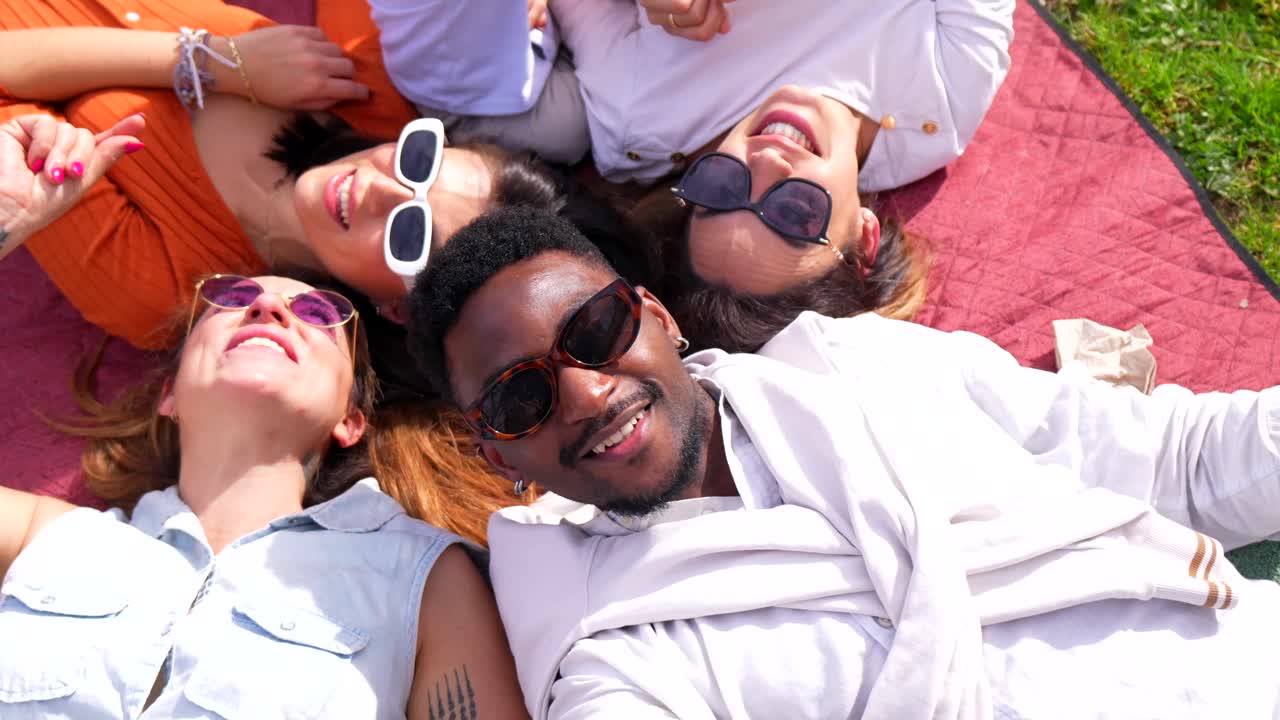 Group of diverse people having a picnic in the park