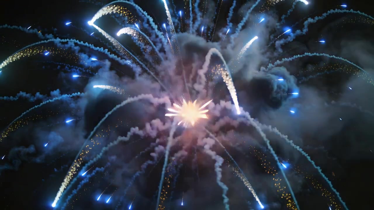 Bursting firework shell after lift sending blue trails and gold sparks, smoke at night for show