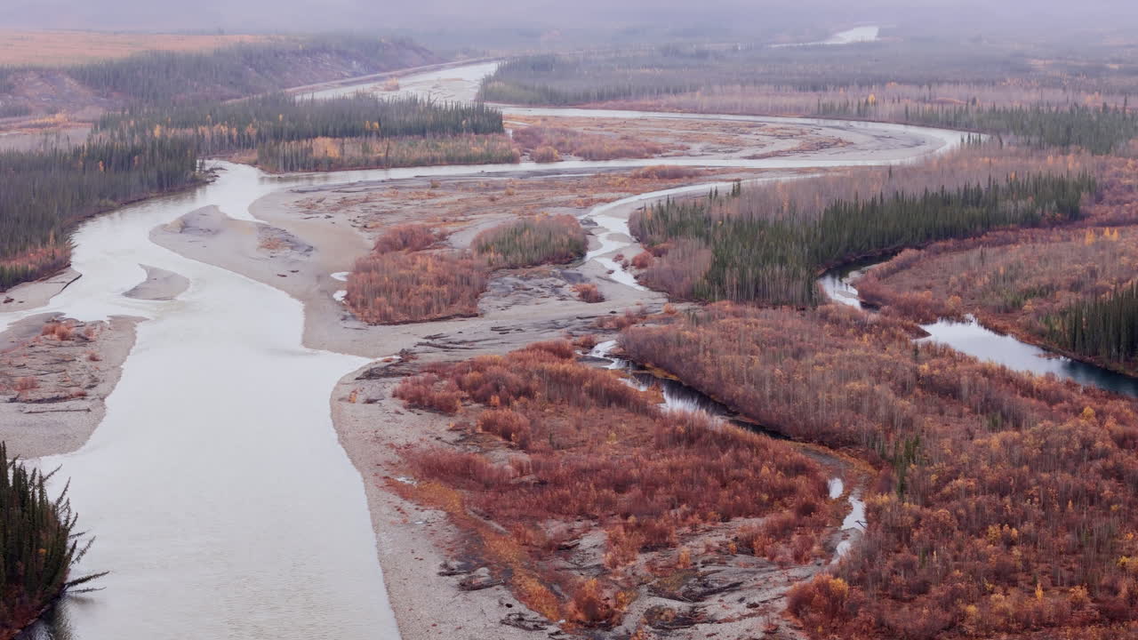 Engineer Creek In The Ogilvie River Along Dempster Highway In The Yukon Territory, Canada. Aerial Drone Shot