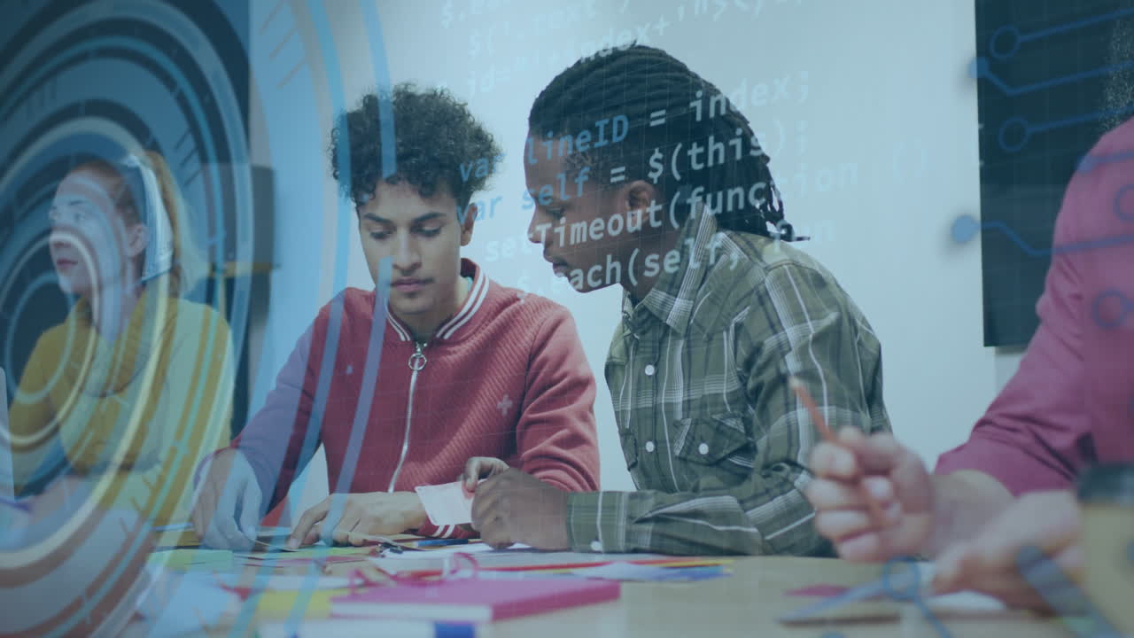 Collaborating on project, diverse students in school with coding animation overlay