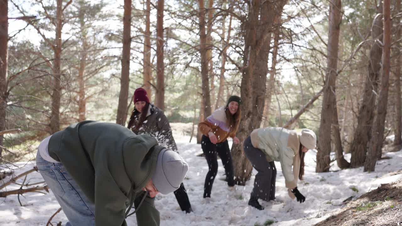 Group of friends having a snowball fight in the forest