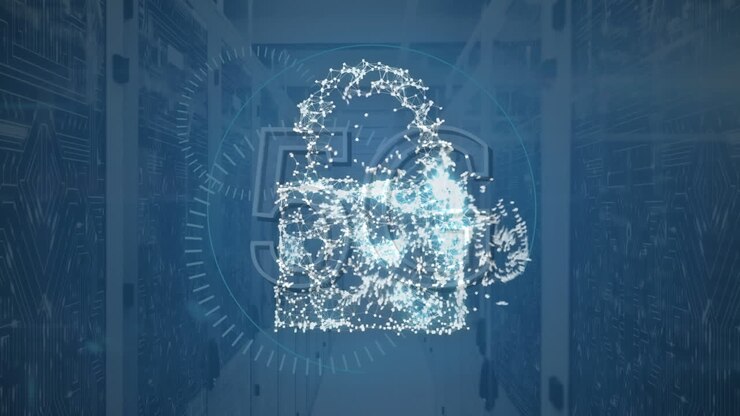 Animation of 5g text over changing security padlock and cloud icon against computer server room