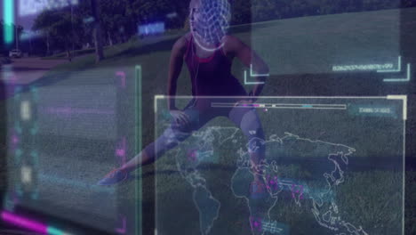 Woman performing wide side lunge in urban park, displaying fitness HUD maps and progress bars