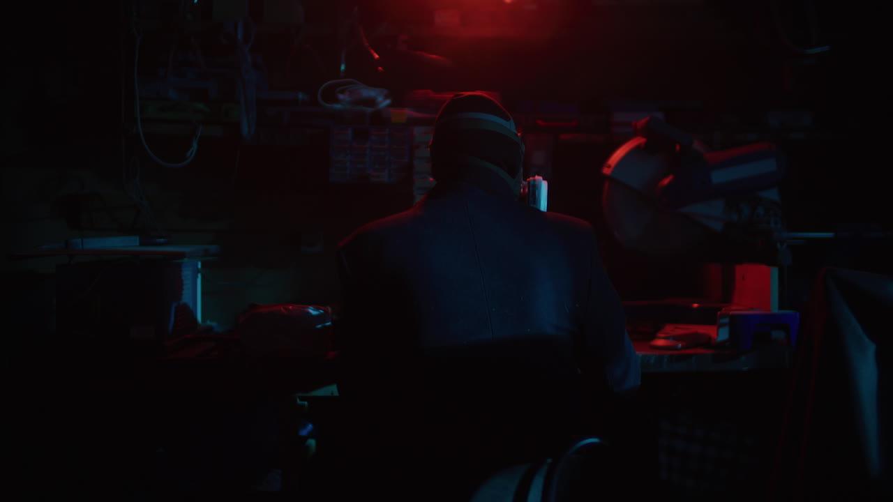 Worker in a dark workshop at night