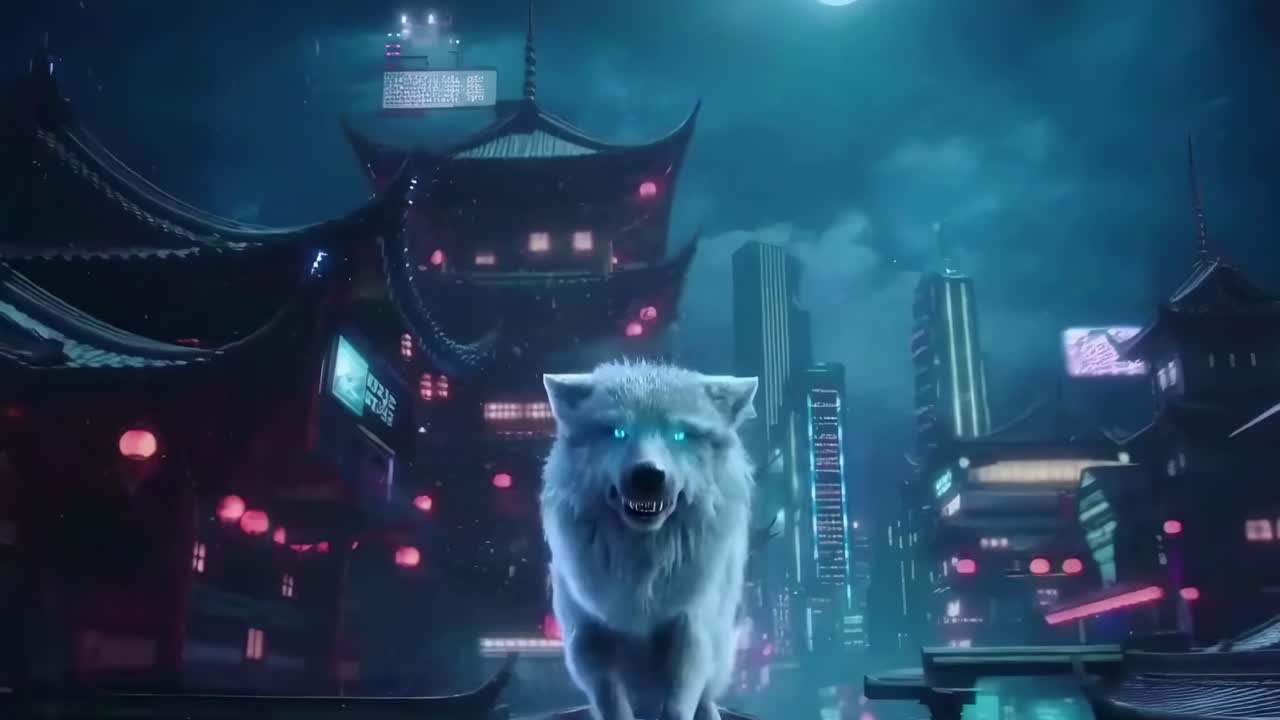 Ripresa video aerea di una volpe su un tetto che si affaccia su un paesaggio urbano illuminato al neon di notte