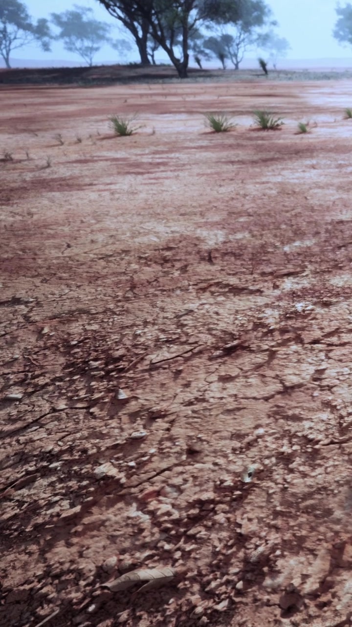 Cracked soil with scattered grass under a cloudy sky in a rural area