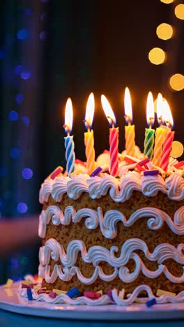 close-up of a lit birthday cake with colorful candles, captured at eye level
