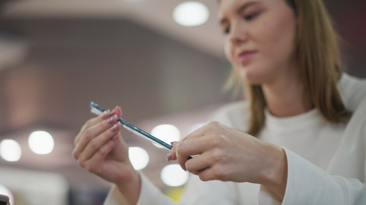 Close-up of a woman carefully examining a blue straw with a blurred modern background featuring soft lighting and bokeh effects