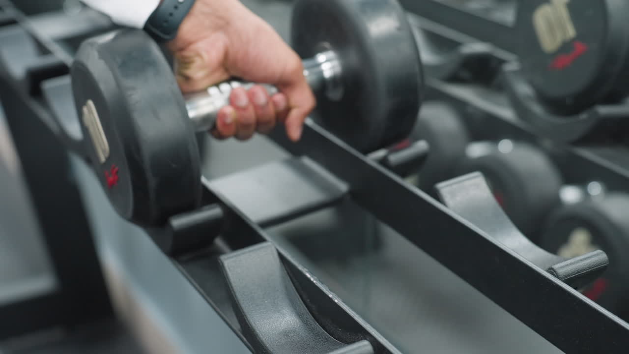 close up of hand grabbing heavy dumbbell from metal rack inside gym, with shiny black weights aligned in row, reflecting strength training preparation and start of focused workout session