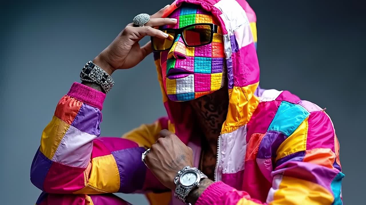 A man in a colorful jacket and sunglasses with a watch on his wrist