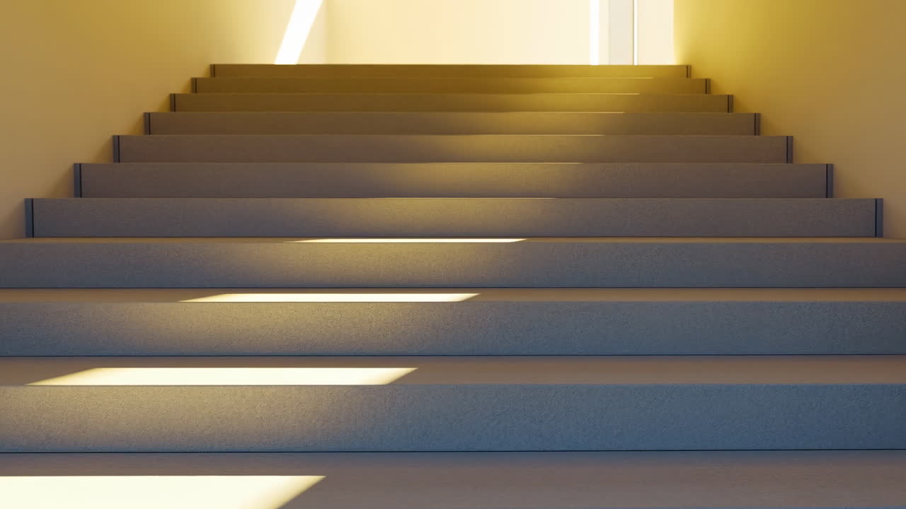 Sonnenbeschienene Betontreppe, die nach oben zu einem leuchtenden Eingang führt, minimalistisches Interieur mit warmem goldenem Licht